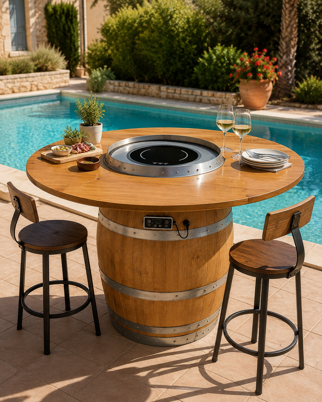 Tonneau Gourmand ouvert avec plaque à induction visible, table dressée au bord de la piscine